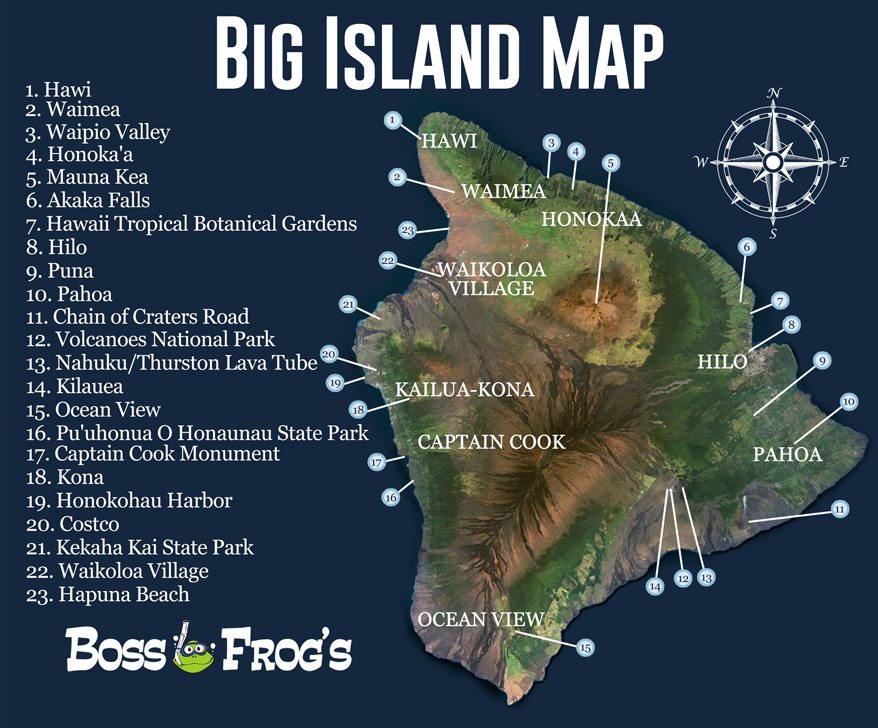 Big Island Map Hawaii Boss Frog s Snorkel Bike Beach Rentals 